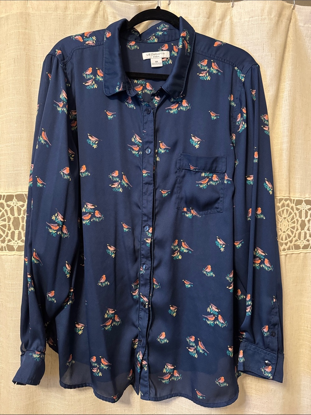 Liz Claiborne Navy Button-Up Shirt with Small Bird Print